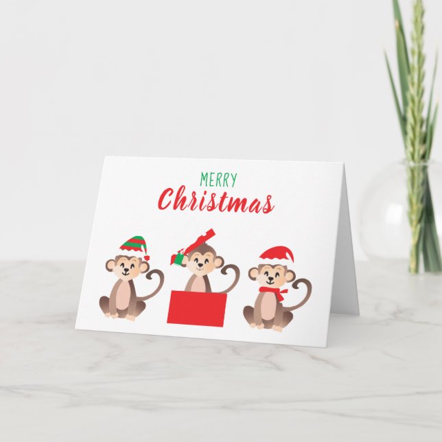 Tarjeta Merry Christmas Cute Monkeys Navidades Gorras (Anverso)