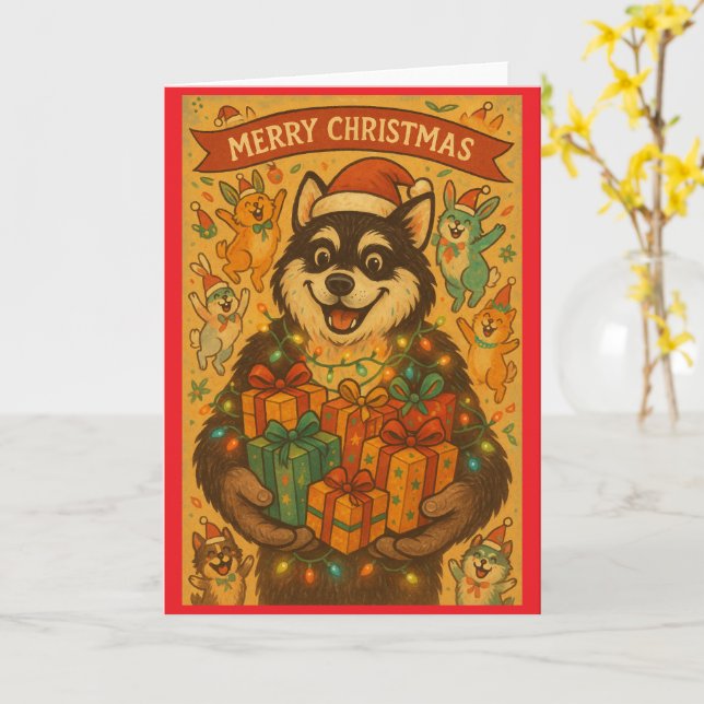 Tarjeta Merry Christmas Dog (flor amarilla)