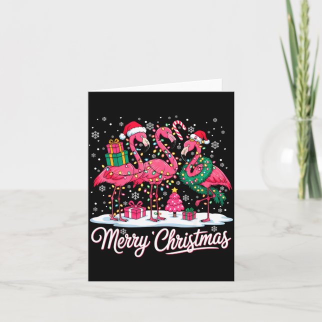 Tarjeta Merry Christmas Flamingo Lights Santa Hat Snow Xma (Anverso)