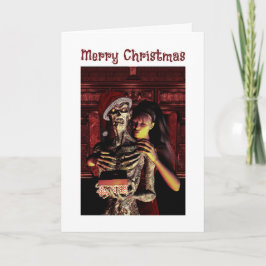 Tarjeta Merry Christmas. Funny skeleton with woman