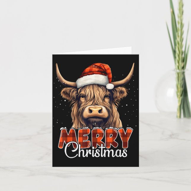 Tarjeta Merry Christmas Highland Cow Western Santa Hat Xma (Anverso)