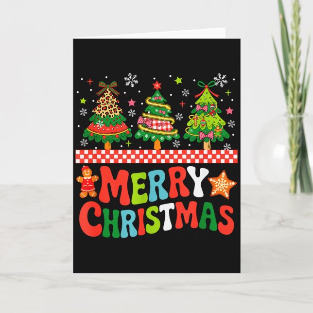 Tarjeta Merry Christmas Leopard Colorful Xmas Trees Bow Ti (Anverso)