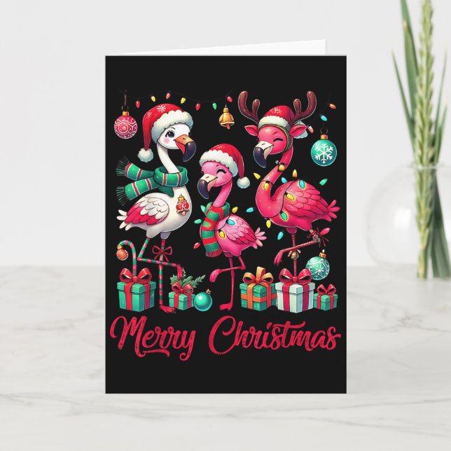 Tarjeta Merry Christmas Lights Flamingo Santa Hat Snow Xma (Anverso)
