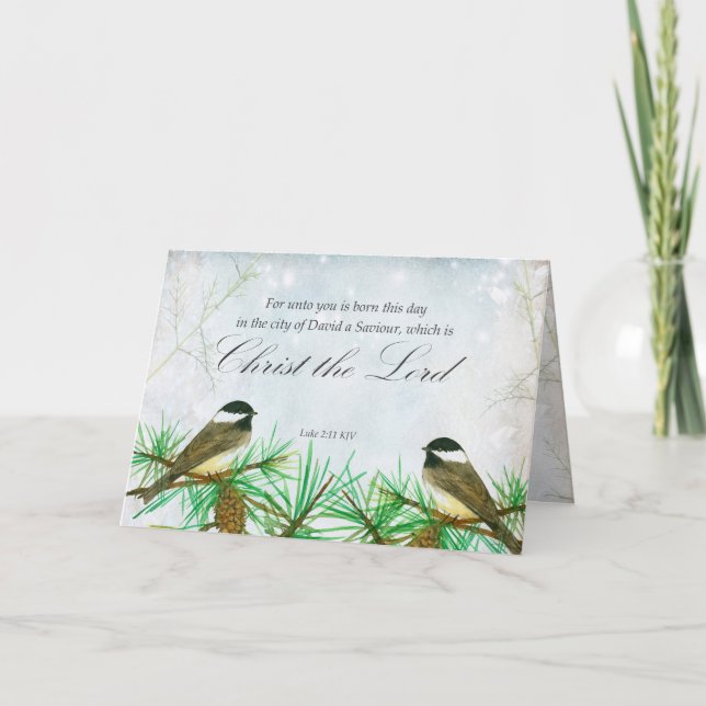 Tarjeta Merry Christmas Luke Bible Scripture Chickadees (Anverso)