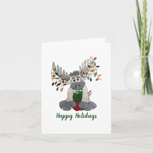 Tarjeta Merry Christmas Maine Moose Holiday Luces (Anverso)