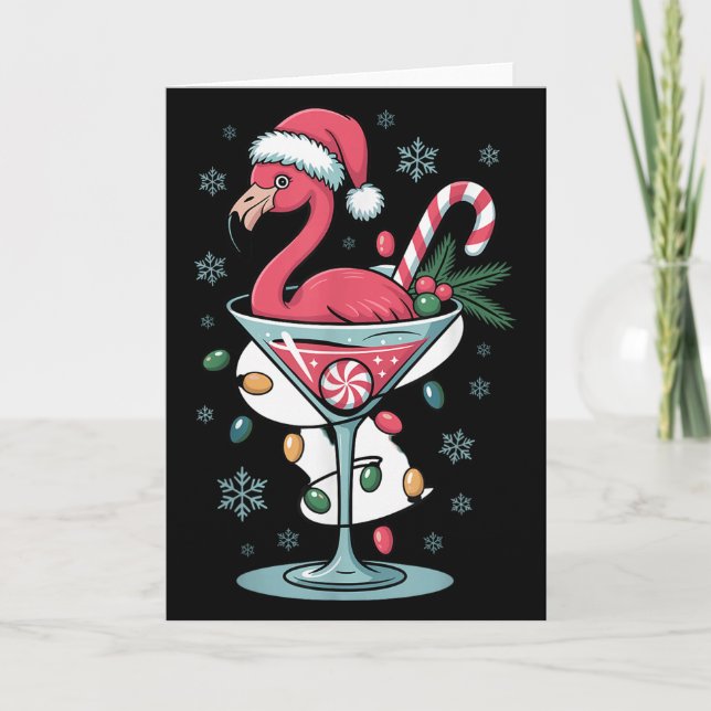 Tarjeta Merry Christmas Nk Flamingo Wine Drinking Lights X (Anverso)