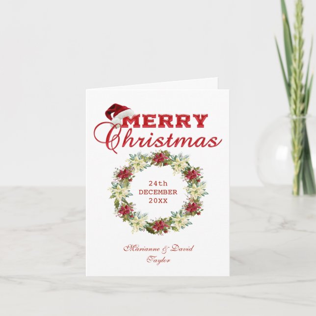Tarjeta Merry Christmas Poinsettia Wreath Monograma (Anverso)