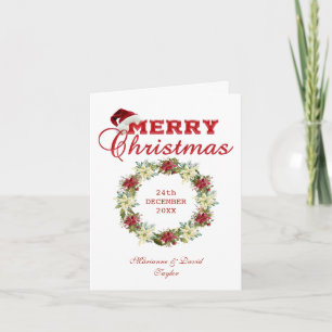 Tarjeta Merry Christmas Poinsettia Wreath Monograma