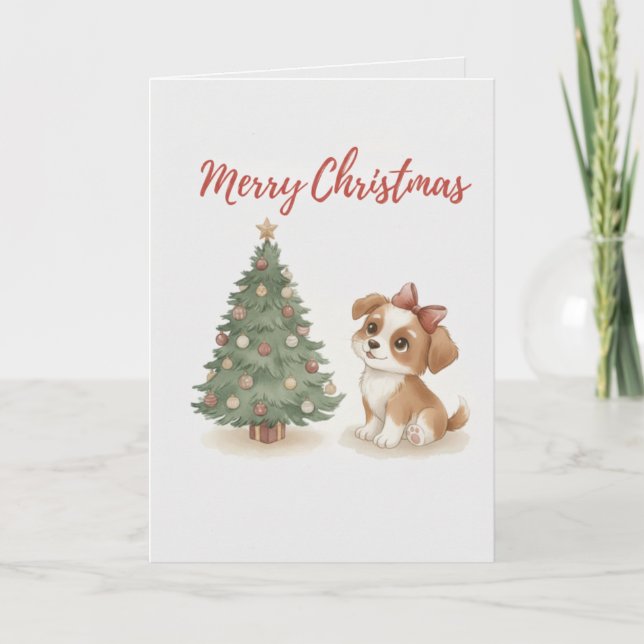 Tarjeta Merry Christmas Puppy Card Cute Dog with Tree (Anverso)