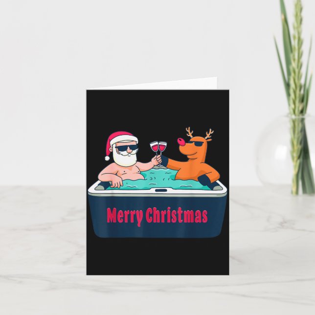 Tarjeta Merry Christmas Santa Reindeer Hot Tub Spa Wine  (Anverso)
