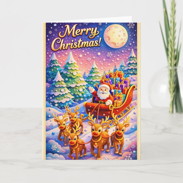 Tarjeta Merry Christmas Santa Sleigh and Reindeer Winter (Anverso)