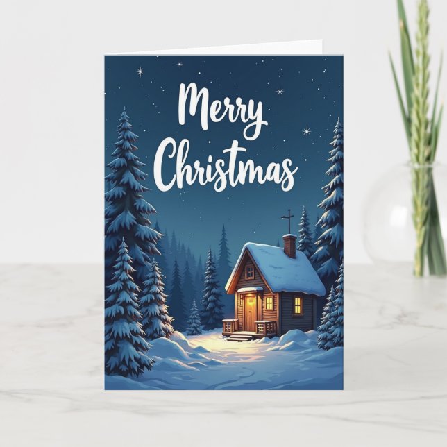 Tarjeta Merry Christmas Snowy Cabin Card (Anverso)