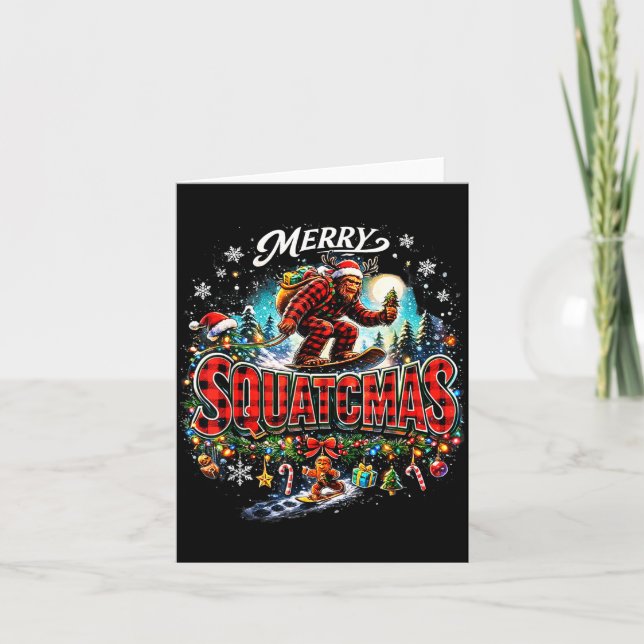 Tarjeta Merry Christmas Squatchmas Funny Bigfoot Snowboard (Anverso)
