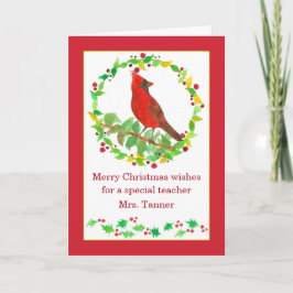 Tarjeta Merry Christmas Teacher Red Cardinal Bird Personal