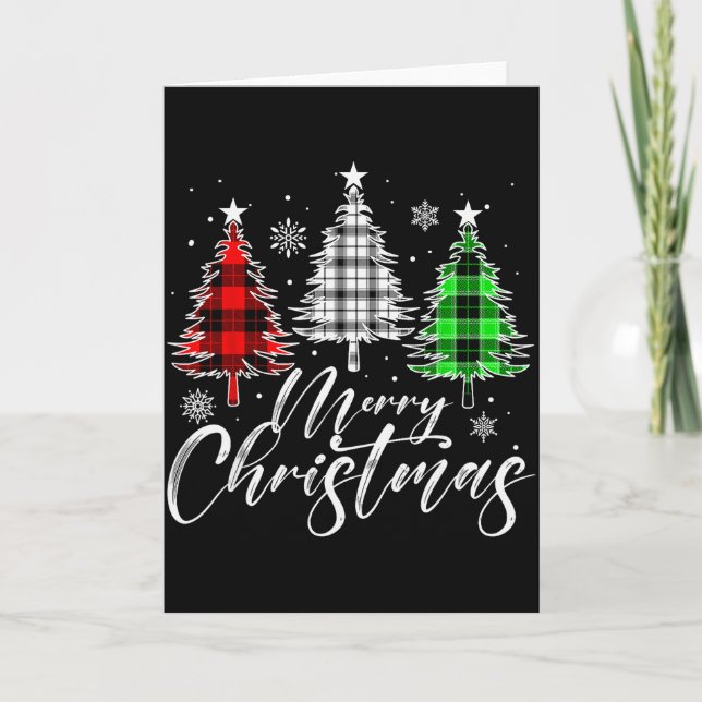 Tarjeta Merry Christmas Tree Buffalo Plaid Red White Green (Anverso)