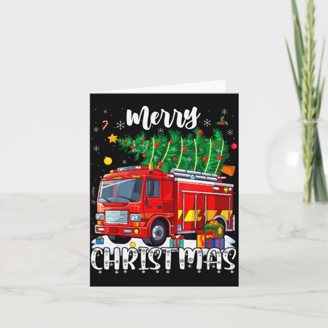 Tarjeta Merry Christmas Tree Firetruck Pajama Firefighter  (Anverso)