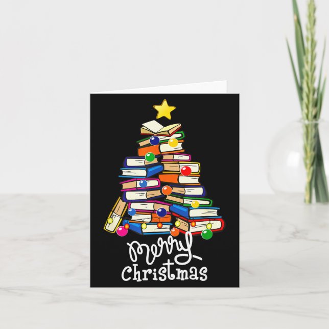 Tarjeta Merry Christmas Tree Love Reading Books Librarian  (Anverso)