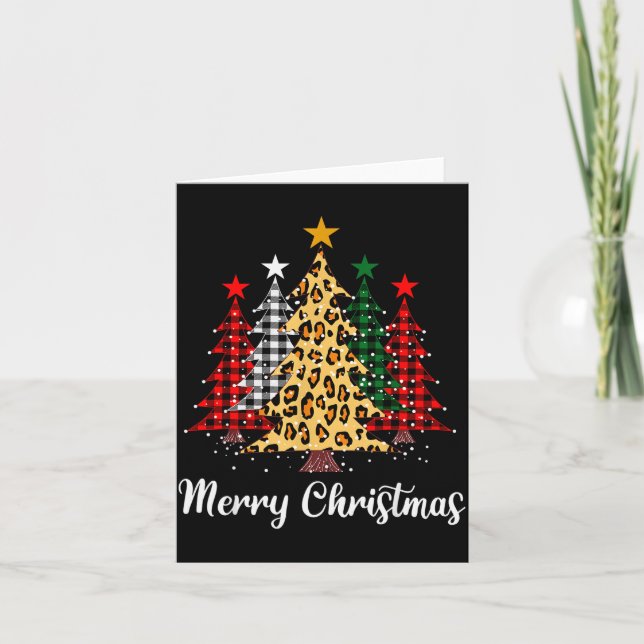 Tarjeta Merry Christmas Trees With Buffalo Plaid &amp; Leo (Anverso)