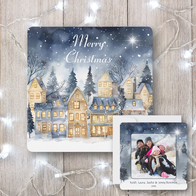 Tarjeta Merry Christmas Village Star Family Photo Name (Subido por el creador)