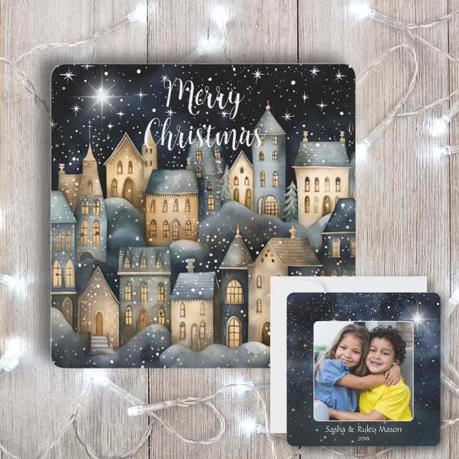 Tarjeta Merry Christmas Vintage Village Family Photo Name (Subido por el creador)