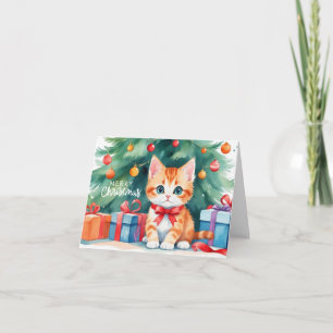 Tarjeta Merry Christmas Watercolor Naranja Kitten