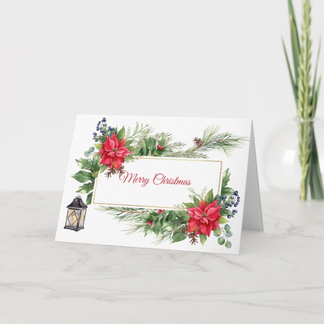 Tarjeta Merry Christmas Watercolor Poinsettia, Berries (Anverso)