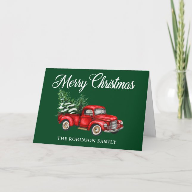 Tarjeta Merry Christmas Watercolor Red Truck Green Fold (Anverso)