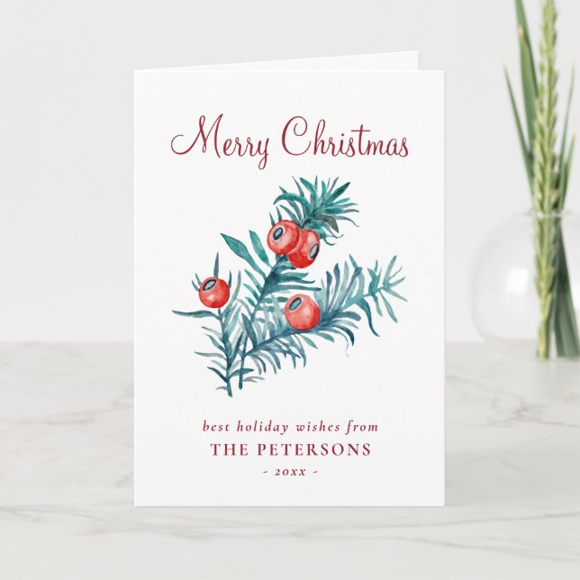 Tarjeta Merry Christmas Watercolor Red Yew Berries Card (Anverso)