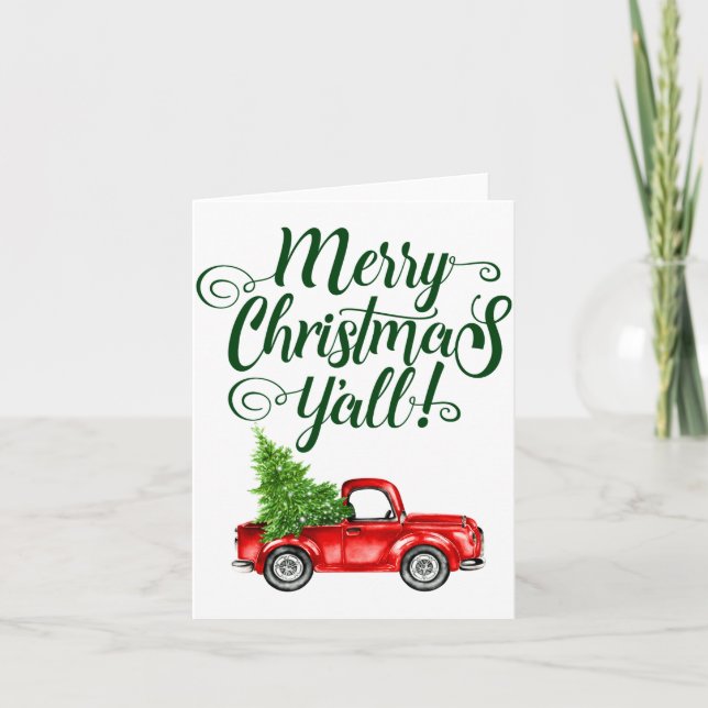Tarjeta Merry Christmas Yall Vintage Truck White Green  (Anverso)
