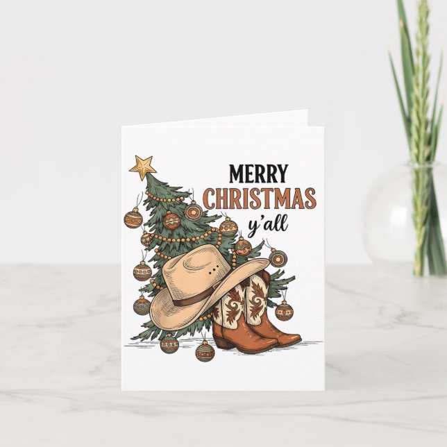 Tarjeta Merry Christmas Y'all Western Cowboy Boots Hat Xma (Anverso)
