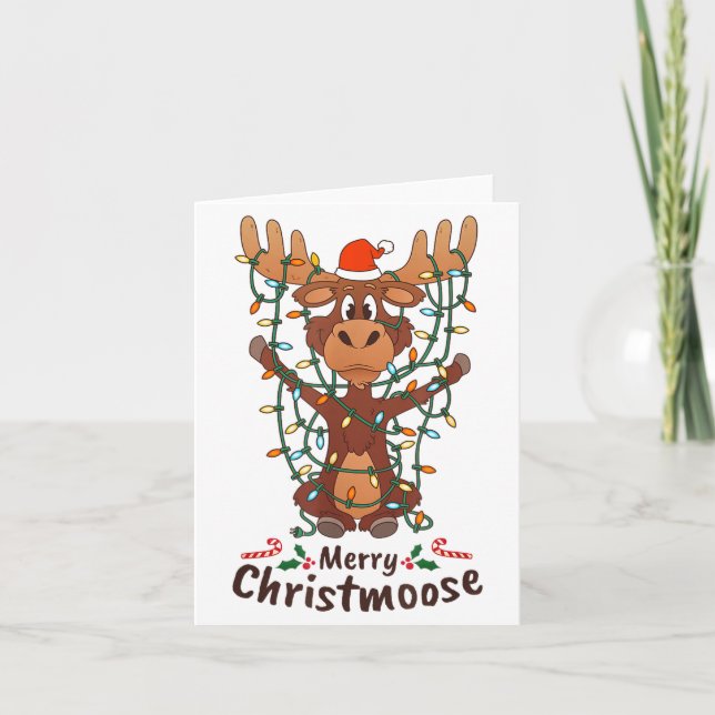 Tarjeta Merry Christmoose Christmas Moose Xmas Tree Lights (Anverso)