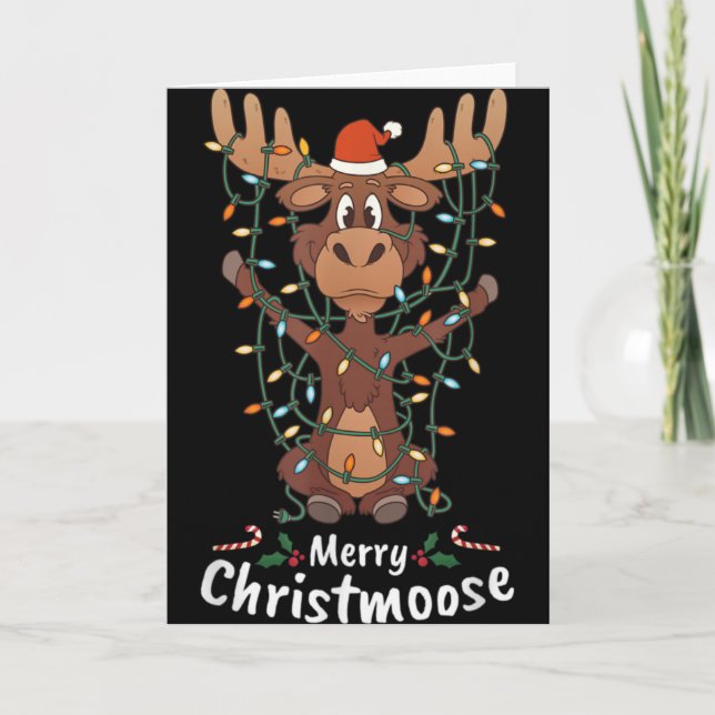 Tarjeta Merry Christmoose Christmas Moose Xmas Tree Lights (Anverso)