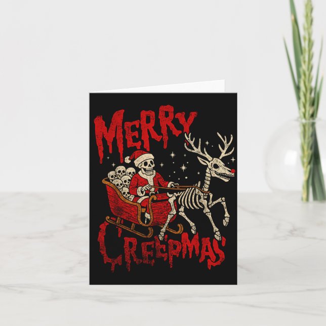 Tarjeta Merry Creepmas Skeleton Creepy Christmas Goth Holi (Anverso)