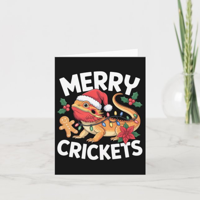 Tarjeta ¡Merry Crickets! Pun Navidad Dragon con barba (Anverso)