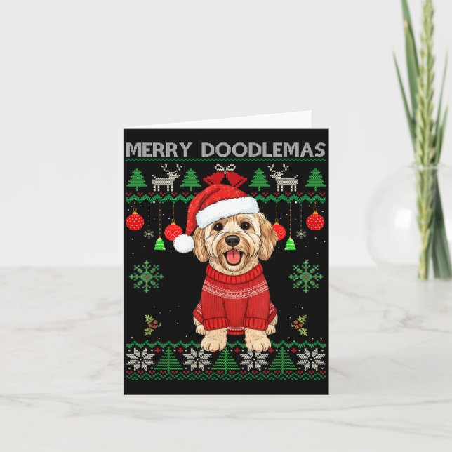 Tarjeta Merry Doodlemas Goldendoodle Wearing Ugly Christma (Anverso)