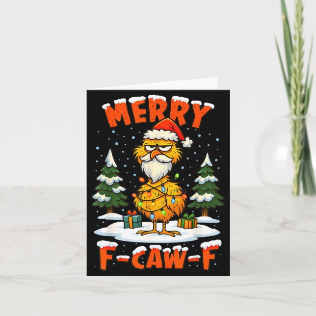 Tarjeta Merry F-caw-f Chicken Christmas Funny Rooster Men  (Anverso)