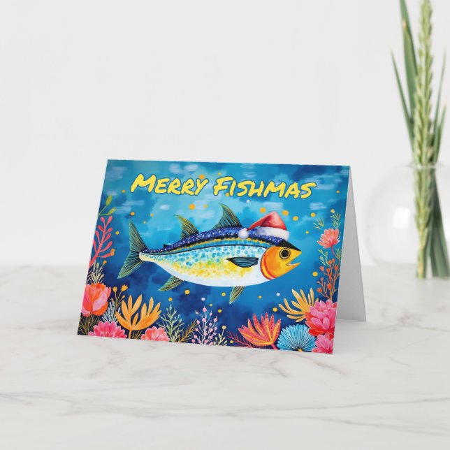 Tarjeta Merry Fishmas Navidades Fish Watercolor (Anverso)
