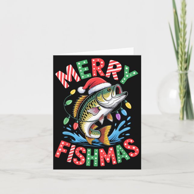 Tarjeta Merry Fishmas Santa Hat B Fishing Christmas Angler (Anverso)