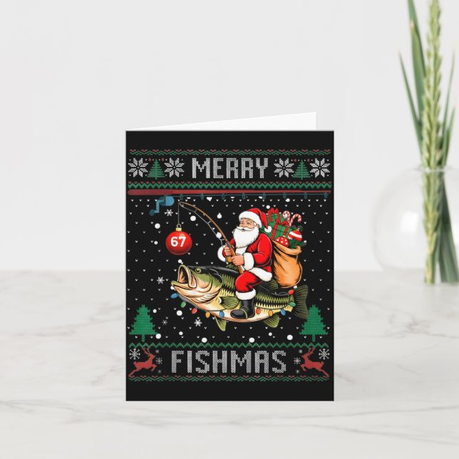 Tarjeta Merry Fishmas Santa Riding B Fish Christmas Ugly S (Anverso)