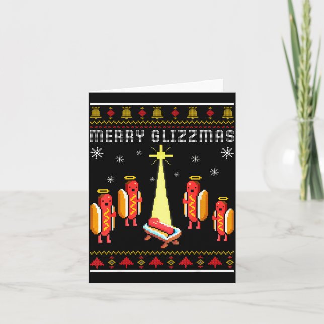 Tarjeta Merry Glizzmas Hot Dog Funny Ugly Christmas Sweate (Anverso)