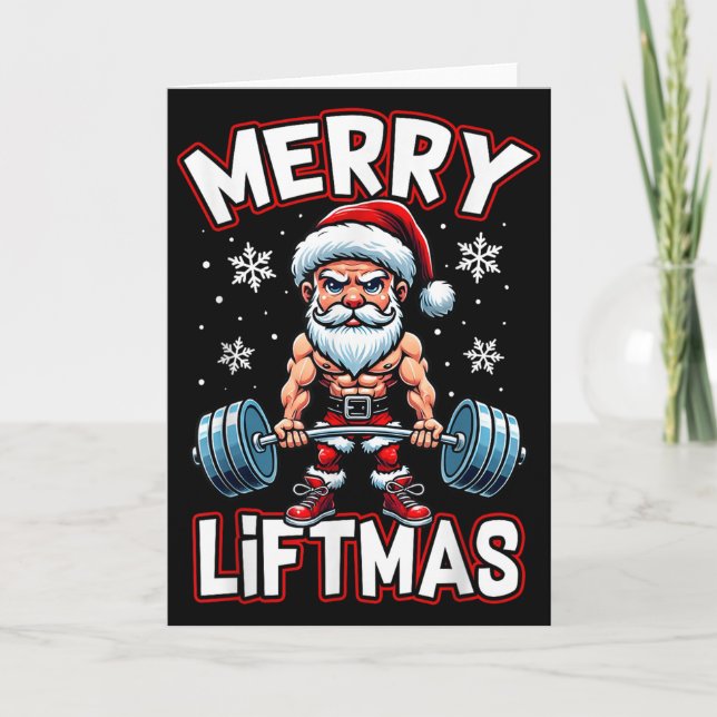 Tarjeta Merry Liftmas Funny Santa Claus Workout Gym Fitnes (Anverso)