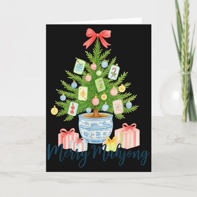Tarjeta Merry Mahjong Christmas Tree Chinoiserie Holiday  (Anverso)
