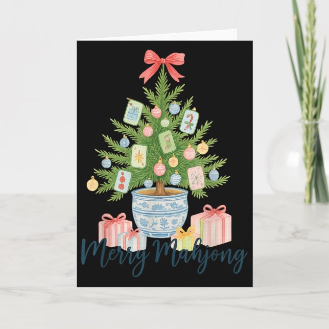 Tarjeta Merry Mahjong Christmas Tree Chinoiserie Holiday  (Anverso)