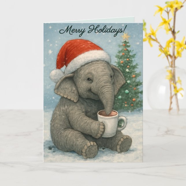 Tarjeta Merry Moments with a Cocoa-Loving Elephant Holiday (flor amarilla)