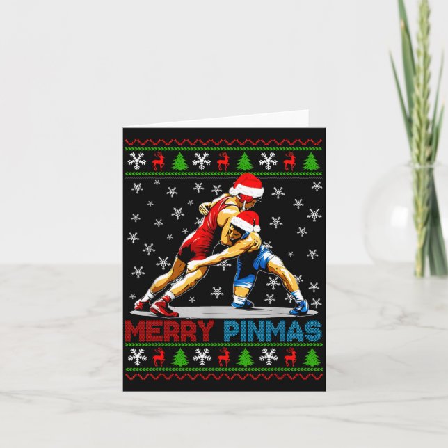 Tarjeta Merry Nmas Ugly Christmas Santa Claus Wrestling Bo (Anverso)