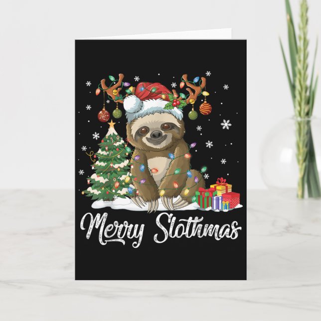 Tarjeta Merry Slothmas Funny Sloth Christmas Tree Lights X (Anverso)