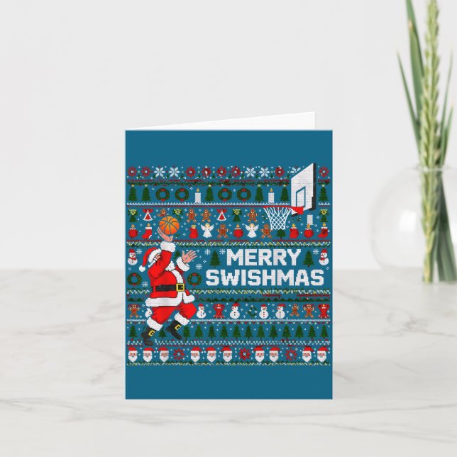 Tarjeta Merry Swishmas Santa Basketball Ugly Sweater Style (Anverso)