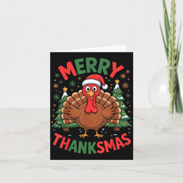 Tarjeta Merry Thanksmas Turkey Santa Hat Christmas Tree Fa (Anverso)