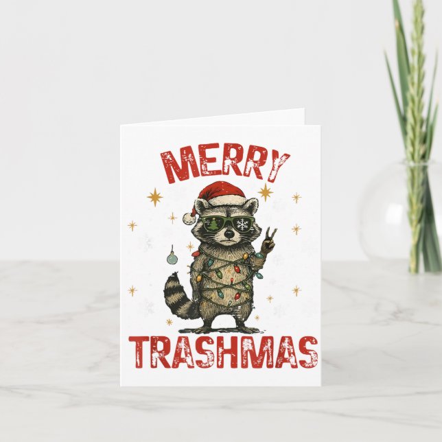 Tarjeta Merry Trashmas Raccoon Christmas Lights Funny Xmas (Anverso)