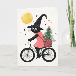 Tarjeta Merry Witchmas Ciclismo Gato Negro Quirky Navidade